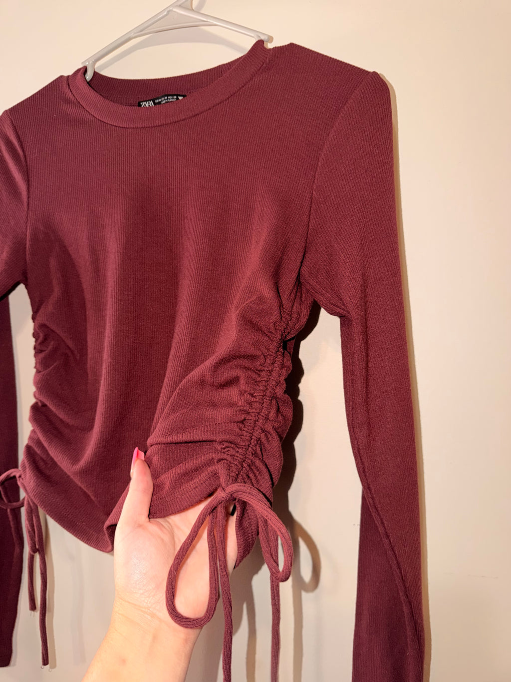 Zara Scrunch Side Ribbed Long Sleeve Top - Medium